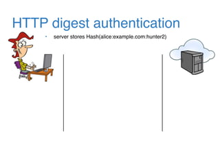 HTTP digest authentication
• server stores Hash(alice:example.com:hunter2)
 