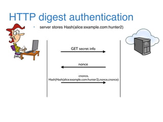 HTTP digest authentication
• server stores Hash(alice:example.com:hunter2)
GET secret info
nonce
cnonce,
Hash(Hash(alice:example.com:hunter2),nonce,cnonce)
 