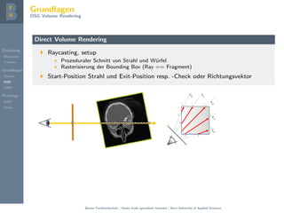 Einleitung
Motivation
Problem
Grundlagen
Volume
DVR
CAVE
Prototyp
DMD
Demo
Grundlagen
OSG Volume Rendering
Direct Volume Rendering
Raycasting, setup
Prozeduraler Schnitt von Strahl und W¨urfel
Rasterisierung der Bounding Box (Ray == Fragment)
Start-Position Strahl und Exit-Position resp. -Check oder Richtungsvektor
Berner Fachhochschule | Haute ´ecole sp´ecialis´ee bernoise | Bern University of Applied Sciences
 