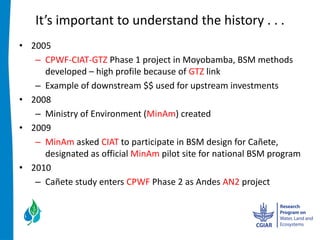  
2005    
   CPWF-­‐CIAT-­‐GTZ  Phase  1  project  in  Moyobamba,  BSM  methods  
   developed     high  profile  because  of  GTZ  link    
   Example  of  downstream  $$  used  for  upstream  investments  
2008  
   Ministry  of  Environment  (MinAm)  created  
2009  
   MinAm  asked  CIAT  to  participate  in  BSM  design  for  Cañete,    
   designated  as  official  MinAm  pilot  site  for  national  BSM  program  
2010  
   Cañete  study  enters  CPWF  Phase  2  as  Andes  AN2  project  
     
 