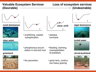 1 2 overfishing,  coastal  e utrophication phosphorous accum- ulation in soil and mud fire prevention 3 state shift disease, h urricane f looding, warming, overexploitation of predators   good rains, continu- ous heavy grazing coral dominance clear water grassland 4 algal dominance turbid water shrub-bushland Valuable Ecosystem Services  Loss of ecosystem services (Desirable)   (Undesirable) 