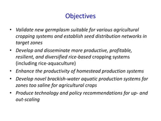 Objectives
• Validate new germplasm suitable for various agricultural
cropping systems and establish seed distribution networks in
target zones
• Develop and disseminate more productive, profitable,
resilient, and diversified rice-based cropping systems
(including rice-aquaculture)
• Enhance the productivity of homestead production systems
• Develop novel brackish-water aquatic production systems for
zones too saline for agricultural crops
• Produce technology and policy recommendations for up- and
out-scaling
 