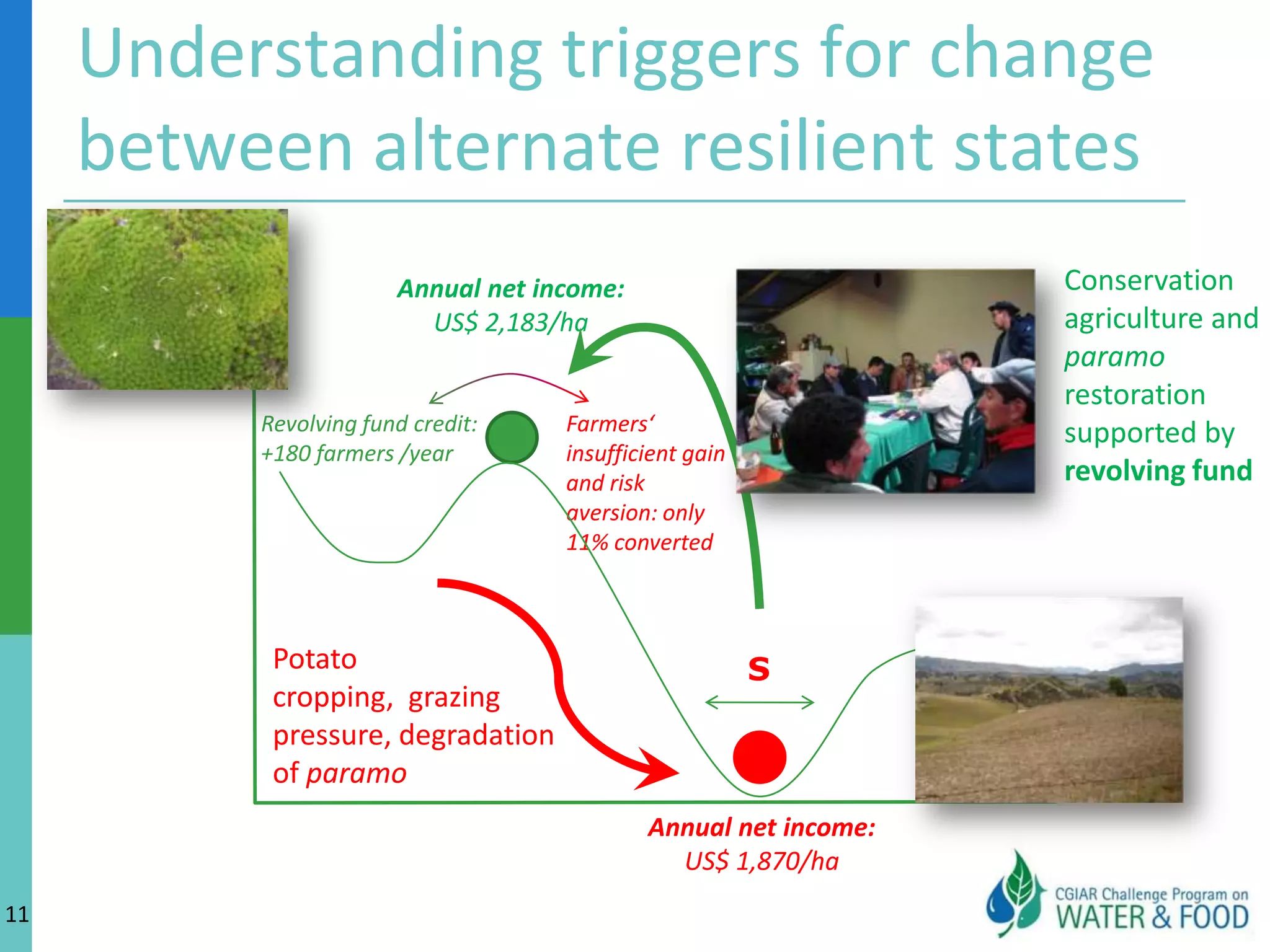 Restoring upstream and downstream ecosystem services 9Paramo restored through conservation tillage and oat/potato rotation Water quality and downstream ecosystem services from Fuquene Lake improved 