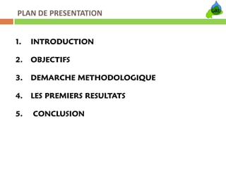 PLAN DE PRESENTATION


1.   INTRODUCTION

2.   OBJECTIFS

3.   DEMARCHE METHODOLOGIQUE

4.   LES PREMIERS RESULTATS

5.   CONCLUSION
 