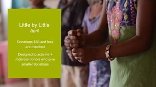 Donations $50 and less
are matched
Designed to activate +
motivate donors who give
smaller donations
Little by Little
April
 