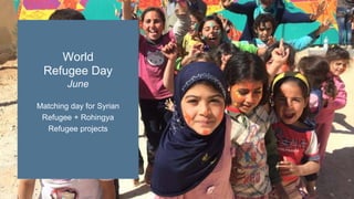 Matching day for Syrian
Refugee + Rohingya
Refugee projects
World
Refugee Day
June
 