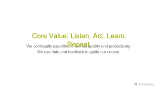 We continually experiment. We fail quickly and productively.
We use data and feedback to guide our course.
Core Value: Listen, Act, Learn.
Repeat.
 