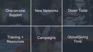 One-on-one
Support
Donor Tools
Training +
Resources
Campaigns GlobalGiving
Time
New Networks
 