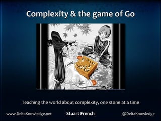 Complexity & the game of Go Teaching the world about complexity, one stone at a time www.DeltaKnowledge.net  Stuart French   @DeltaKnowledge 