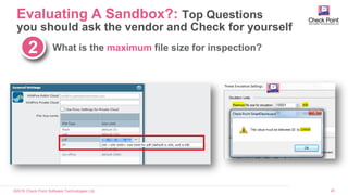 ©2016 Check Point Software Technologies Ltd. 20
What is the maximum file size for inspection?2
Evaluating A Sandbox?: Top Questions
you should ask the vendor and Check for yourself
 