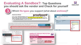 ©2016 Check Point Software Technologies Ltd. 21
Which file types you support (what about archives)?3
Evaluating A Sandbox?: Top Questions
you should ask the vendor and Check for yourself
 