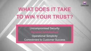 ©2016 Check Point Software Technologies Ltd. 30
Uncompromised Security
Dynamic Architecture
Operational Simplicity
Commitment to Customer Success
WHAT DOES IT TAKE
TO WIN YOUR TRUST?
 