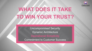 ©2016 Check Point Software Technologies Ltd. 34
Uncompromised Security
Dynamic Architecture
Operational Simplicity
Commitment to Customer Success
WHAT DOES IT TAKE
TO WIN YOUR TRUST?
 