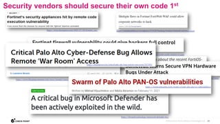 34
©2023 Check Point Software Technologies Ltd.
Security vendors should secure their own code 1st
https://www.theregister.com/2021/07/20/fortinet_rce/ https://securityaffairs.co/wordpress/113129/hacking/fortinet-fortiweb-waf-flaws.html
https://www.itpro.co.uk/security/vulnerability/360008/vulnerability-in-fortinet-firewall-could-enable-hackers-to-gain
https://www.bleepingcomputer.com/news/security/cisco-asa-vulnerability-actively-exploited-after-exploit-released/
https://thestack.technology/microsoft-defender-rce/
https://threatpost.com/sonicwall-vpn-bugs-attack/167824/
https://threatpost.com/critical-palo-alto-bug-remote-war-room/167169/
https://swarm.ptsecurity.com/swarm-of-palo-alto-pan-os-vulnerabilities/
 
