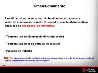 21
.
Footer
Date
Para dimensionar o secador, não basta observar apenas a
vazão do compressor x vazão do secador, mas também verificar
quais são as condições de referência:
- Temperatura ambiente (sala do compressor)
- Temperatura do ar de entrada no secador
- Pressão de trabalho
NOTA - Não esquecer de verificar o tipo do compressor e a rede de ar, assim pode-se
definir corretamente os filtros coalescentes.
Dimensionamento
 