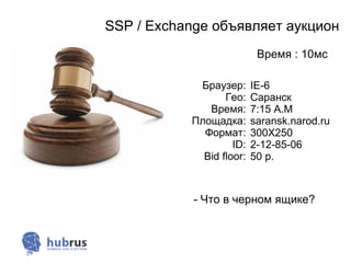 SSP / Exchange объявляет аукцион
                           Время : 10мс

            Браузер:      IE-6
                  Гео:    Саранск
              Время:      7:15 А.М
           Площадка:      saransk.narod.ru
             Формат:      300Х250
                    ID:   2-12-85-06
             Bid floor:   50 р.



            - Что в черном ящике?
 