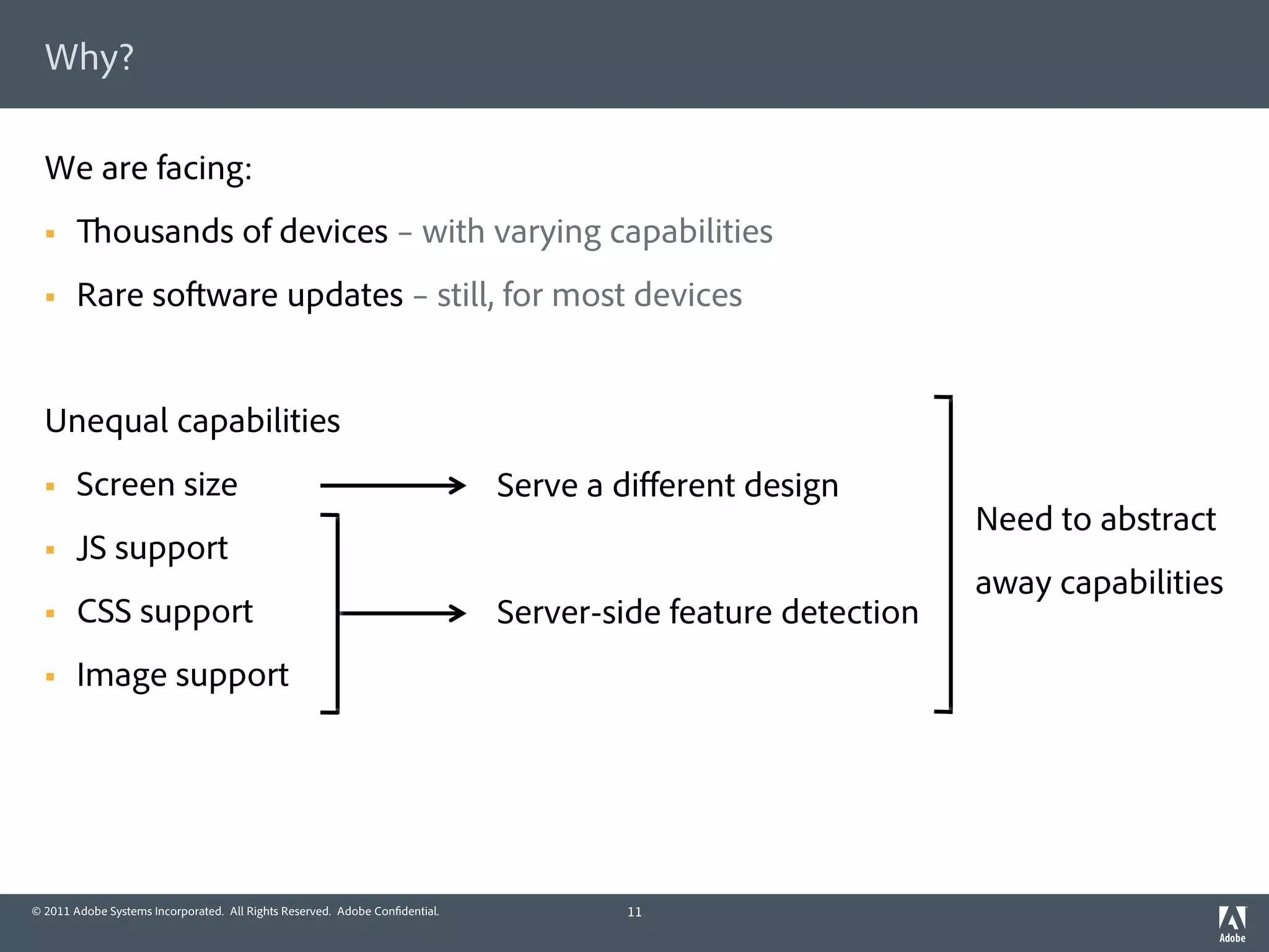Why?

  We are facing:
  §          ousands of devices – with varying capabilities
  §    Rare so ware updates – still, for most devices


  Unequal capabilities
  §    Screen size                                                          Serve a diﬀerent design
                                                                                                             Need to abstract
  §    JS support
                                                                                                             away capabilities
  §    CSS support                                                          Server-side feature detection
  §    Image support




© 2011 Adobe Systems Incorporated. All Rights Reserved. Adobe Con dential.           11
 