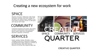 Creating a new ecosystem for work
SPACE COMMUNITY SERVICES
SPACE
COMMUNITY
SERVICES
Beautiful, functional, collaborative, high-energy
workspaces; kitchens, event halls, lounges; All
the basics: wifi, coffee, printers, supplies; no up-
front hassle or long-term contract, no idle space
with “pay per seat” model.
Connecting companies and creators, idea owners
and doers; small business online marketplace;
demos, panels, happy hours and getaways;
education, inspiration, connections.
Simple, seamless, flexible, affordable; unique
“managed infrastructure” experience; empowered
by lead generation engine, helping our members to
grow their business; back-office services;
education & training; fully-integrated digital app.
 
