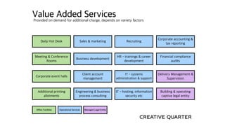 Value Added Services
Daily Hot Desk Sales & marketing Recruiting
Corporate accounting &
tax reporting
Meeting & Conference
Rooms
Business development
HR - trainings & career
development
Financial compliance
audits
Corporate event halls
Client account
management
IT - systems
administration & support
Delivery Management &
Supervision
Additional printing
allotments
Engineering & business
process сonsulting
IT - hosting, information
security etc
Building & operating
captive legal entity
Provided on demand for additional charge, depends on variety factors
Office Facilities Operational Services Managed Legal Entity
 