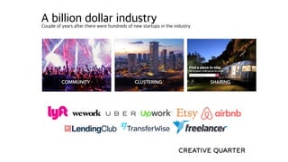 A billion dollar industryCouple of years after there were hundreds of new startups in the industry
COMMUNITY CLUSTERING SHARING
 