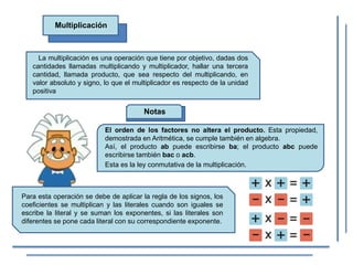 Multiplicación
La multiplicación es una operación que tiene por objetivo, dadas dos
cantidades llamadas multiplicando y multiplicador, hallar una tercera
cantidad, llamada producto, que sea respecto del multiplicando, en
valor absoluto y signo, lo que el multiplicador es respecto de la unidad
positiva
El orden de los factores no altera el producto. Esta propiedad,
demostrada en Aritmética, se cumple también en algebra.
Así, el producto ab puede escribirse ba; el producto abc puede
escribirse también bac o acb.
Esta es la ley conmutativa de la multiplicación.
Notas
Para esta operación se debe de aplicar la regla de los signos, los
coeficientes se multiplican y las literales cuando son iguales se
escribe la literal y se suman los exponentes, si las literales son
diferentes se pone cada literal con su correspondiente exponente.
 