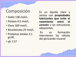 Composición
• Sodio 138 mol/L.
• Potasio 4.5 mol/L.
• Cloro 109 mol/L.
• Bicarbonato 25 mol/L.
• Proteínas totales 3.1
gr/dl.
• ph 7.57
Es un líquido claro y
seroso con propiedades
lubricantes que evita el
rozamiento entre el
corazón y las estructuras
adyacentes.
En su formación
intervienen las células
del pericardio visceral
 