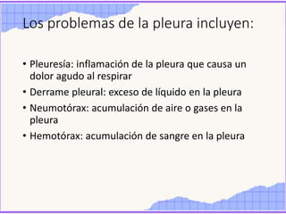 Los problemas de la pleura incluyen:
• Pleuresía: inflamación de la pleura que causa un
dolor agudo al respirar
• Derrame pleural: exceso de líquido en la pleura
• Neumotórax: acumulación de aire o gases en la
pleura
• Hemotórax: acumulación de sangre en la pleura
 