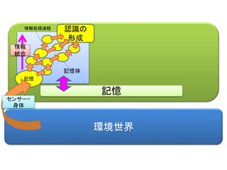 環境世界
認識の
形成
記憶
センサー・
身体
記憶体
情報処理過程
情報
統合
記憶
 