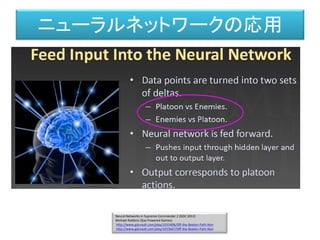 Neural Networks in Supreme Commander 2 (GDC 2012)
Michael Robbins (Gas Powered Games)
http://www.gdcvault.com/play/1015406/Off-the-Beaten-Path-Non
http://www.gdcvault.com/play/1015667/Off-the-Beaten-Path-Non
ニューラルネットワークの応用
 