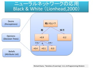 Belief – Desire – Intention モデル
Desire
(Perceptrons)
Opinions
(Decision Trees)
Beliefs
(Attribute List)
戦いたい？
+0.9 -0.2
味方敵
+0.4 +0.1 -0.3
小さい 大きい中
ニューラルネットワークの応用
Black & White （Lionhead,2000）
Richard Evans, “Varieties of Learning”, 11.2, AI Programming Wisdom
 