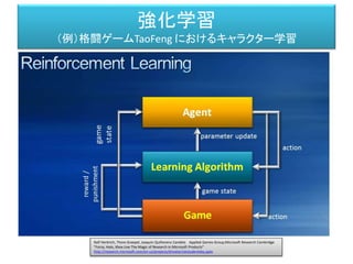 強化学習
（例）格闘ゲームTaoFeng におけるキャラクター学習
Ralf Herbrich, Thore Graepel, Joaquin Quiñonero Candela Applied Games Group,Microsoft Research Cambridge
"Forza, Halo, Xbox Live The Magic of Research in Microsoft Products"
http://research.microsoft.com/en-us/projects/drivatar/ukstudentday.pptx
 