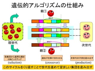 遺伝的アルゴリズムの仕組み
遺伝子
遺伝子
次世代
親①
親②
母集団から優秀な親を
２体ピックアップ
遺伝子を掛け合わせる 次世代の子供を産み出す
(selection) (crossover) (production)
現世代
このサイクルをくり返すことで世代を進めて望ましい集団を産み出す
遺伝子
遺伝子
 