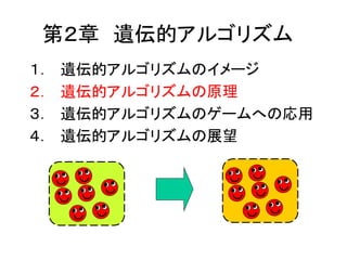 第２章 遺伝的アルゴリズム
１． 遺伝的アルゴリズムのイメージ
２． 遺伝的アルゴリズムの原理
３． 遺伝的アルゴリズムのゲームへの応用
４． 遺伝的アルゴリズムの展望
 