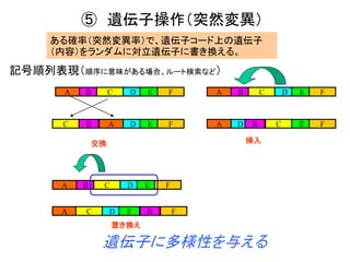 D
⑤ 遺伝子操作（突然変異）
ある確率（突然変異率）で、遺伝子コード上の遺伝子
（内容）をランダムに対立遺伝子に書き換える。
記号順列表現（順序に意味がある場合。ルート検索など）
B C D E FA
BC D E FA
交換
置き換え
挿入
遺伝子に多様性を与える
B C D E FA
B C E FA
B C D E FA
A C D E B F
 