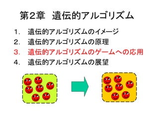 第２章 遺伝的アルゴリズム
１． 遺伝的アルゴリズムのイメージ
２． 遺伝的アルゴリズムの原理
３． 遺伝的アルゴリズムのゲームへの応用
４． 遺伝的アルゴリズムの展望
 