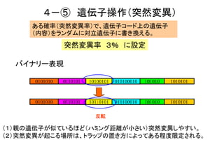 ４－⑤ 遺伝子操作（突然変異）
ある確率（突然変異率）で、遺伝子コード上の遺伝子
（内容）をランダムに対立遺伝子に書き換える。
バイナリー表現
0110101 10100101 010100010 101010 10101010101010
0110101 10110101 010100010 101010 10101010101010
反転
突然変異率 ３％ に設定
（１）親の遺伝子が似ているほど（ハミング距離が小さい）突然変異しやすい。
（２）突然変異が起こる場所は、トラップの置き方によってある程度限定される。
 