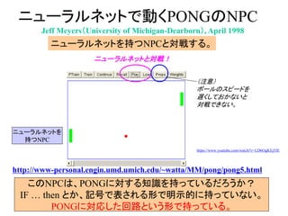 ニューラルネットで動くPONGのNPC
http://www-personal.engin.umd.umich.edu/~watta/MM/pong/pong5.html
Jeff Meyers（University of Michigan-Dearborn）, April 1998
ニューラルネットを持つNPCと対戦する。
ニューラルネットと対戦！
（注意）
ボールのスピードを
遅くしておかないと
対戦できない。
このNPCは、PONGに対する知識を持っているだろうか？
IF … then とか、記号で表される形で明示的に持っていない。
PONGに対応した回路という形で持っている。
ニューラルネットを
持つNPC
https://www.youtube.com/watch?v=LD6OgKEj5JE
 