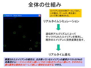 全体の仕組み
リアルタイムシミュレーション
遺伝的アルゴリズムによって
やっつけられたエイリアンを補充し、
既存のエイリアンに突然変異を施す。
リアルタイム進化
撃墜されたエイリアンの補充は、生き残っているエイリアンの優秀さベスト２０％の
母集団からトーナメント方式（ｎ個(ここでは１０体)をランダムに選んで、その中から
最も優秀な個体をコピーして新しい個体を生成する）で行う。
エイリアンは２００体プールしておく。
この数は、ゲーム中、再生産に
よって常に維持される。
 