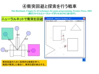 ④衝突回避と探索を行う戦車
Mat Buckland, Chapter 8, AI techniques for game programming, Premier Press, 2002
(実行ファイルとソースコードがCD-ROMにあります)
衝突回避のために仮想的な触覚を持つ。
触覚が衝突した場合に、衝突位置を検出する。
0.4
0.7 0.0
0.0
0.0
ニューラルネットで衝突を回避
 