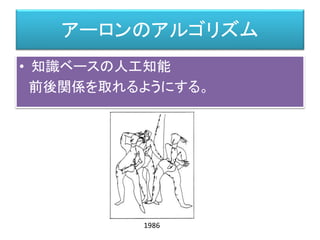 アーロンのアルゴリズム
• 知識ベースの人工知能
前後関係を取れるようにする。
1986
 