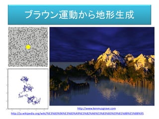 ブラウン運動から地形生成
http://ja.wikipedia.org/wiki/%E3%83%96%E3%83%A9%E3%82%A6%E3%83%B3%E9%81%8B%E5%8B%95
http://www.kenmusgrave.com
 