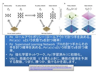 • Pπ ロールアウトポリシー（ロールアウトで討つ手を決める。
Pπ（a|s） sという状態でaを討つ確率）
• Pσ Supervised Learning Network プロの討つ手からその
手を討つ確率を決める。Pσ（a|s）sという状態でaを討つ確
率。
• Pρ 強化学習ネットワーク。Pρ（学習済み）に初期化。
• Vθ(s’) 局面の状態 S’ を見たときに、勝敗の確率を予測
する関数。つまり、勝つか、負けるかを返します。
Mastering the game of Go with deep neural networks and tree search
http://www.nature.com/nature/journal/v529/n7587/full/nature16961.html
https://deepmind.com/research/alphago/
 