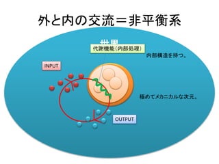 世界
外と内の交流＝非平衡系
極めてメカニカルな次元。
内部構造を持つ。
INPUT
OUTPUT
代謝機能（内部処理）
 