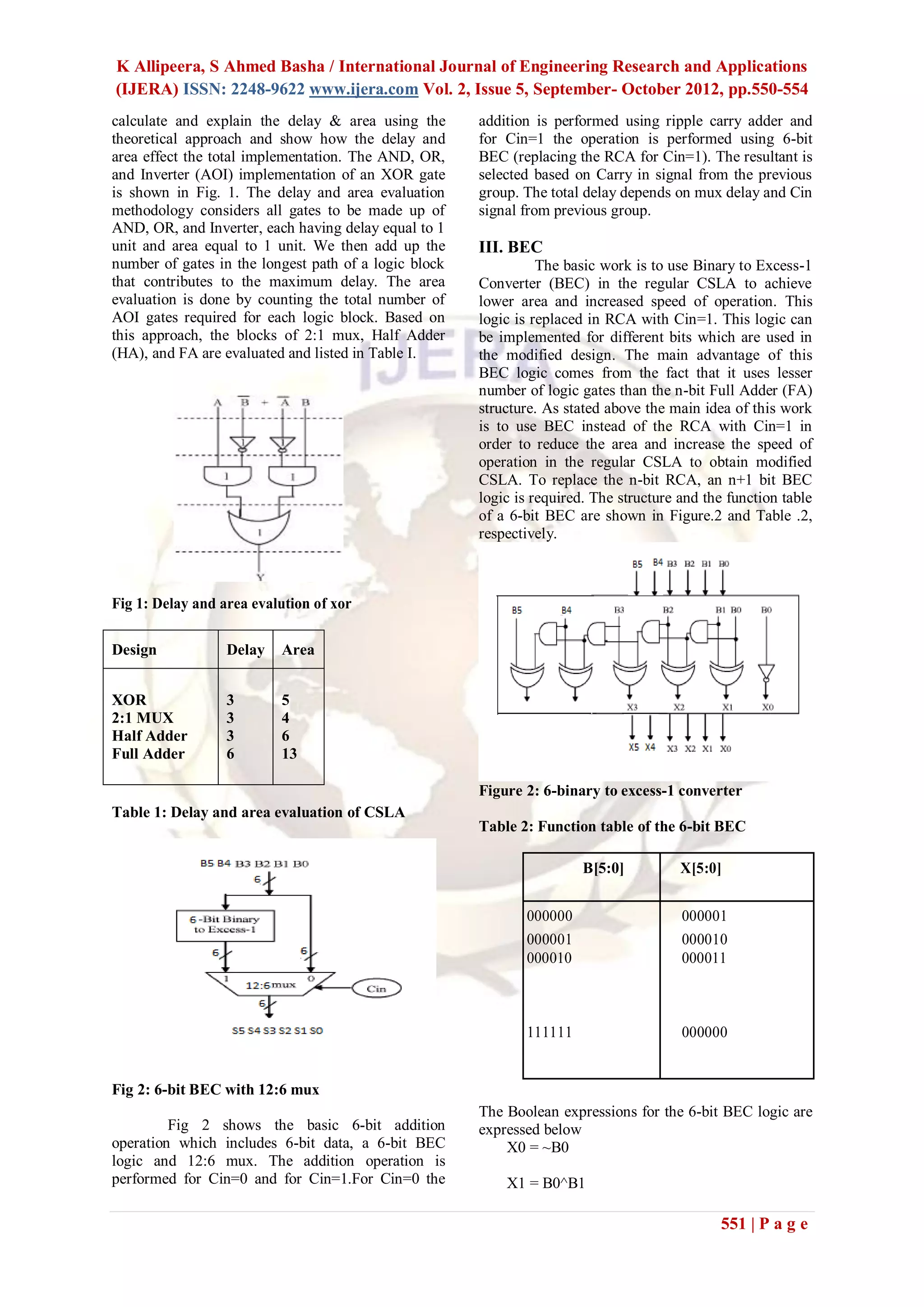 K Allipeera, S Ahmed Basha / International Journal of Engineering Research and Applications
(IJERA) ISSN: 2248-9622 www.ijera.com Vol. 2, Issue 5, September- October 2012, pp.550-554
calculate and explain the delay & area using the       addition is performed using ripple carry adder and
theoretical approach and show how the delay and        for Cin=1 the operation is performed using 6-bit
area effect the total implementation. The AND, OR,     BEC (replacing the RCA for Cin=1). The resultant is
and Inverter (AOI) implementation of an XOR gate       selected based on Carry in signal from the previous
is shown in Fig. 1. The delay and area evaluation      group. The total delay depends on mux delay and Cin
methodology considers all gates to be made up of       signal from previous group.
AND, OR, and Inverter, each having delay equal to 1
unit and area equal to 1 unit. We then add up the      III. BEC
number of gates in the longest path of a logic block             The basic work is to use Binary to Excess-1
that contributes to the maximum delay. The area        Converter (BEC) in the regular CSLA to achieve
evaluation is done by counting the total number of     lower area and increased speed of operation. This
AOI gates required for each logic block. Based on      logic is replaced in RCA with Cin=1. This logic can
this approach, the blocks of 2:1 mux, Half Adder       be implemented for different bits which are used in
(HA), and FA are evaluated and listed in Table I.      the modified design. The main advantage of this
                                                       BEC logic comes from the fact that it uses lesser
                                                       number of logic gates than the n-bit Full Adder (FA)
                                                       structure. As stated above the main idea of this work
                                                       is to use BEC instead of the RCA with Cin=1 in
                                                       order to reduce the area and increase the speed of
                                                       operation in the regular CSLA to obtain modified
                                                       CSLA. To replace the n-bit RCA, an n+1 bit BEC
                                                       logic is required. The structure and the function table
                                                       of a 6-bit BEC are shown in Figure.2 and Table .2,
                                                       respectively.



Fig 1: Delay and area evalution of xor

Design            Delay   Area


XOR               3       5
2:1 MUX           3       4
Half Adder        3       6
Full Adder        6       13

                                                       Figure 2: 6-binary to excess-1 converter
Table 1: Delay and area evaluation of CSLA
                                                       Table 2: Function table of the 6-bit BEC

                                                                        B[5:0]          X[5:0]


                                                              000000                    000001
                                                              000001                    000010
                                                              000010                    000011



                                                              111111                    000000


Fig 2: 6-bit BEC with 12:6 mux
                                                       The Boolean expressions for the 6-bit BEC logic are
         Fig 2 shows the basic 6-bit addition          expressed below
operation which includes 6-bit data, a 6-bit BEC           X0 = ~B0
logic and 12:6 mux. The addition operation is
performed for Cin=0 and for Cin=1.For Cin=0 the            X1 = B0^B1

                                                                                              551 | P a g e
 