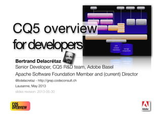 CQ5
overview
Bertrand Delacrétaz
Senior Developer, CQ5 R&D team, Adobe Basel
Apache Software Foundation Member and (current) Director
@bdelacretaz - http://grep.codeconsult.ch
Lausanne, May 2013
slides revision: 2013-05-30
1
CQ5 overview
fordevelopers
 