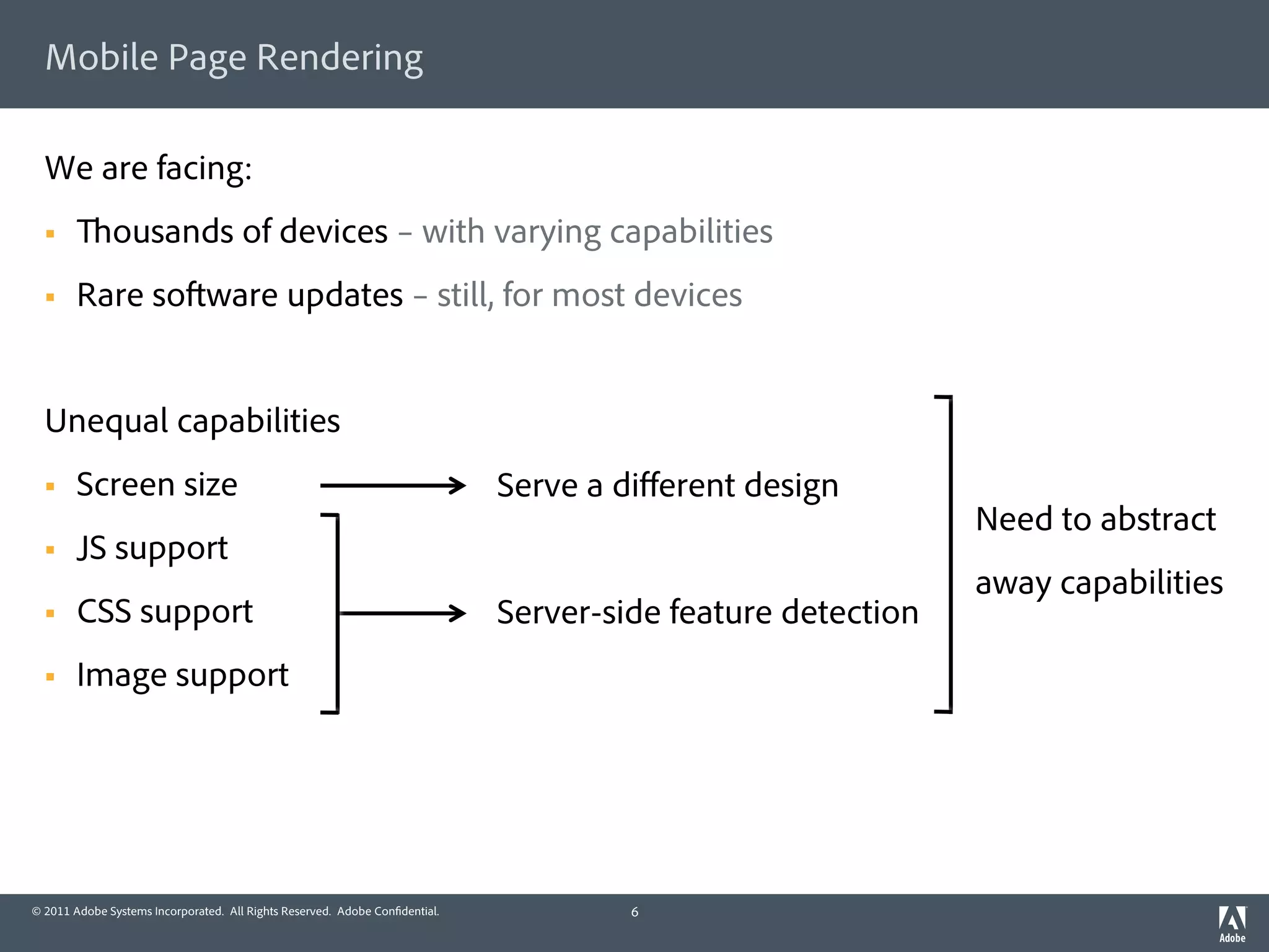 Mobile Page Rendering

  We are facing:
  §          ousands of devices – with varying capabilities
  §    Rare so ware updates – still, for most devices


  Unequal capabilities
  §    Screen size                                                          Serve a diﬀerent design
                                                                                                             Need to abstract
  §    JS support
                                                                                                             away capabilities
  §    CSS support                                                          Server-side feature detection
  §    Image support




© 2011 Adobe Systems Incorporated. All Rights Reserved. Adobe Con dential.            6
 