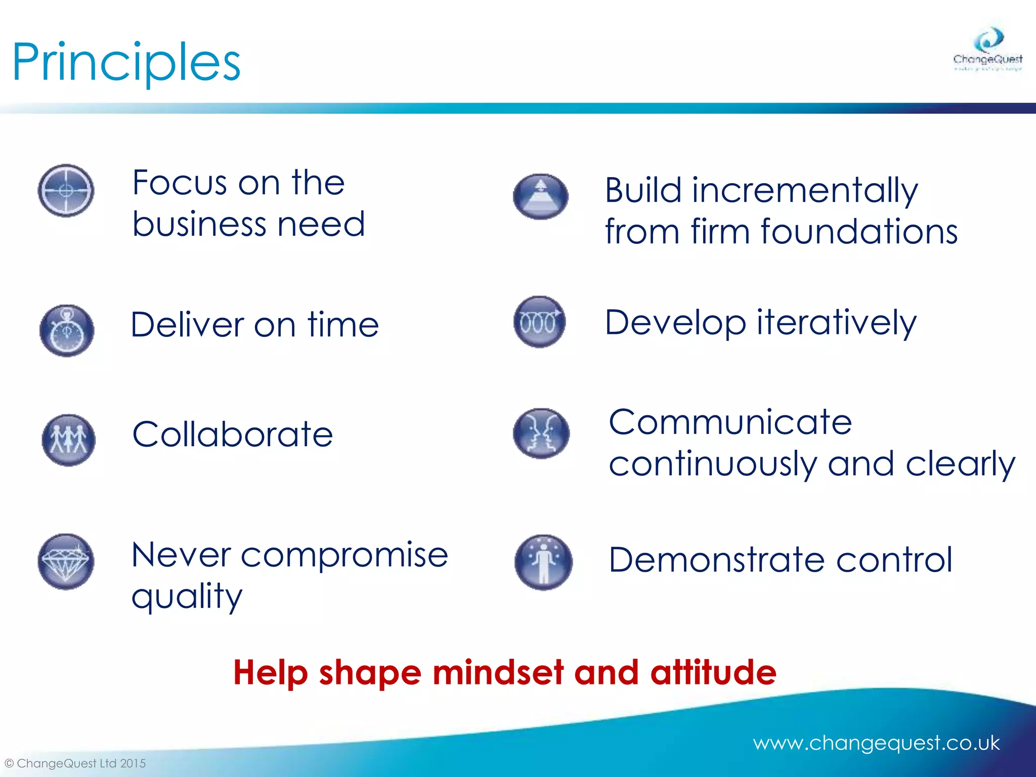www.changequest.co.uk
© ChangeQuest Ltd 2015
Focus on the
business need
Principles
Deliver on time
Collaborate
Never compromise
quality
Build incrementally
from firm foundations
Develop iteratively
Communicate
continuously and clearly
Demonstrate control
Help shape mindset and attitude
 