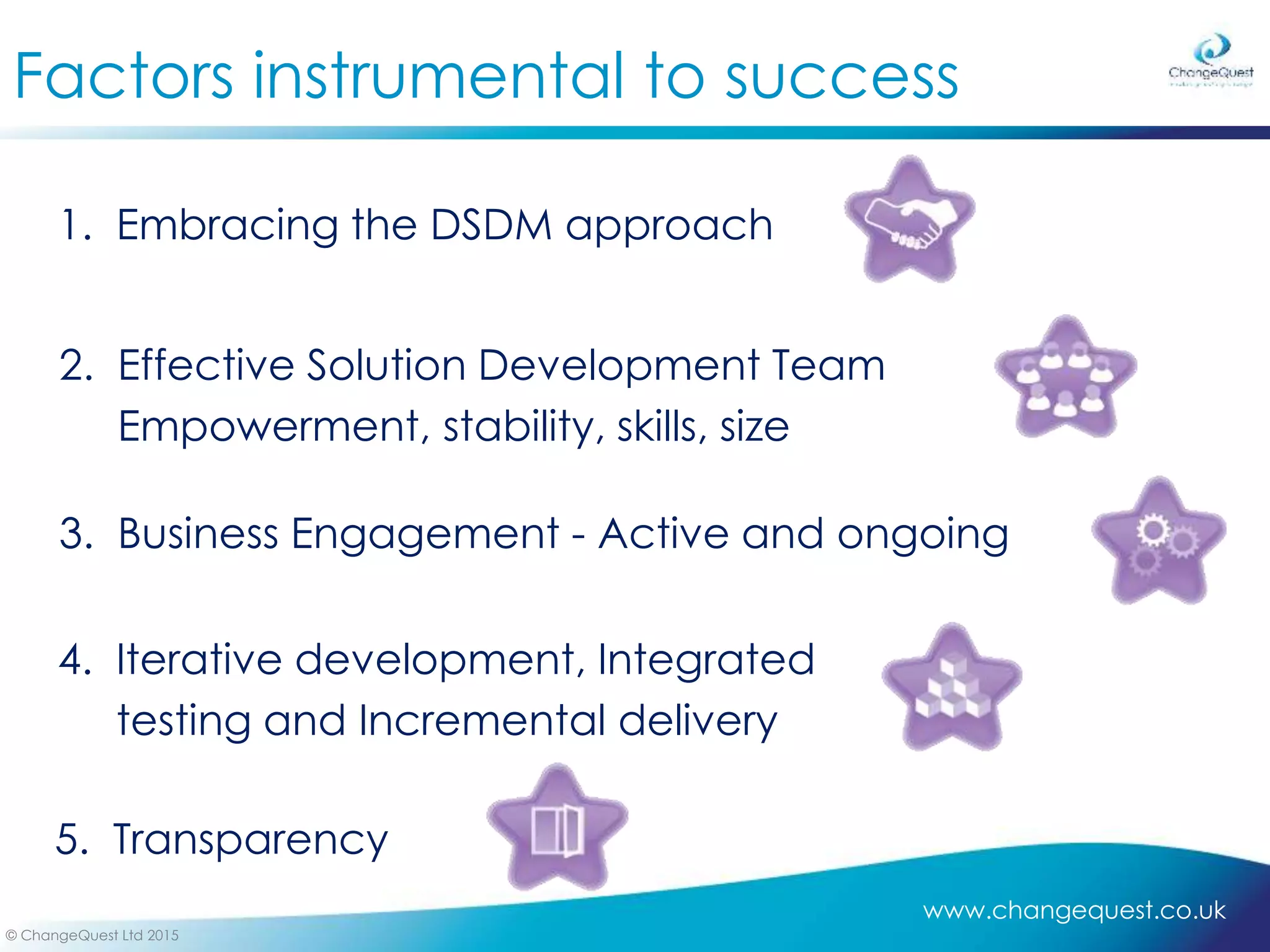 www.changequest.co.uk
© ChangeQuest Ltd 2015
1. Embracing the DSDM approach
Factors instrumental to success
2. Effective Solution Development Team
Empowerment, stability, skills, size
3. Business Engagement - Active and ongoing
4. Iterative development, Integrated
testing and Incremental delivery
5. Transparency
 