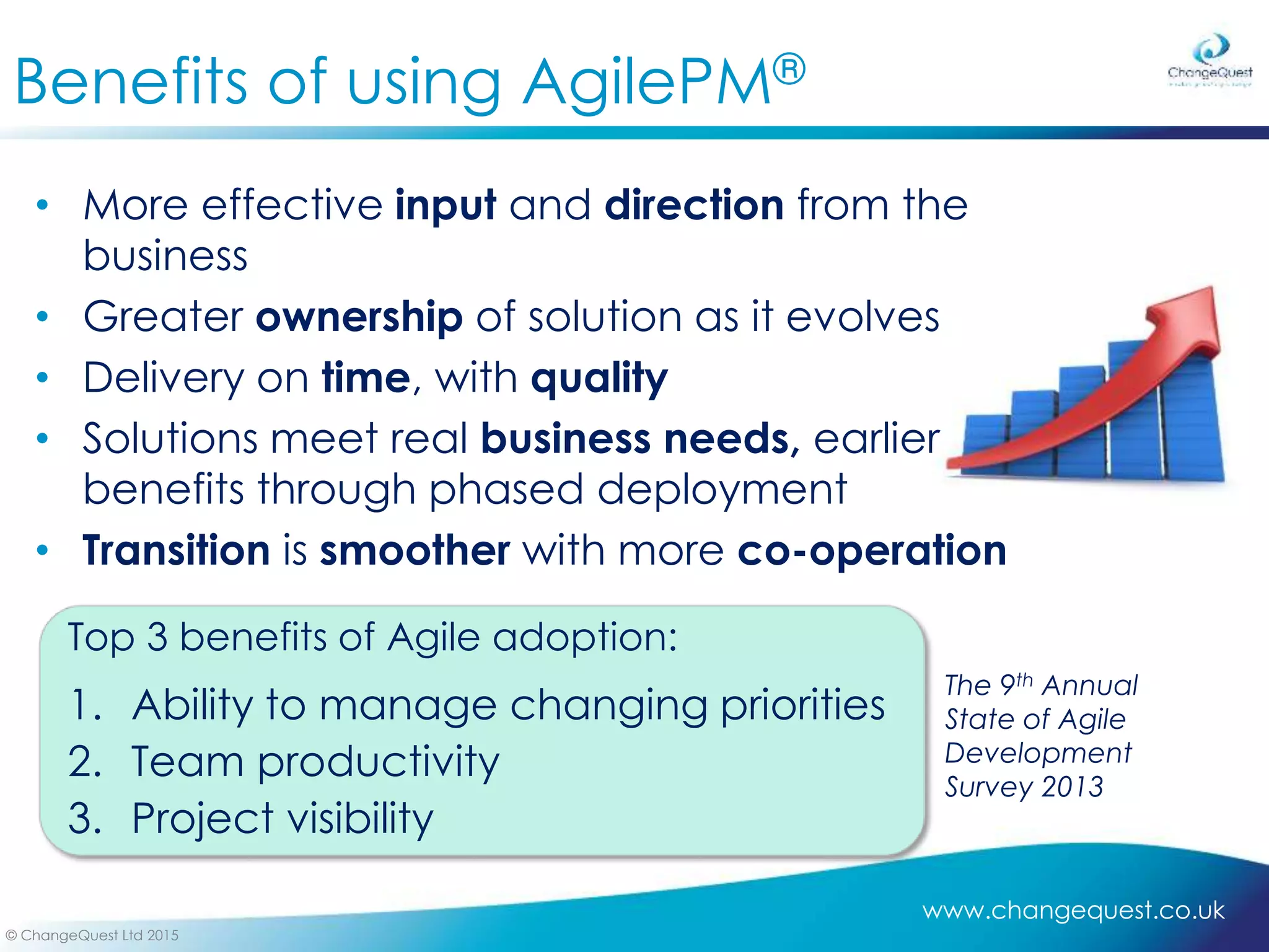 www.changequest.co.uk
© ChangeQuest Ltd 2015
Benefits of using AgilePM®
• More effective input and direction from the
business
• Greater ownership of solution as it evolves
• Delivery on time, with quality
• Solutions meet real business needs, earlier
benefits through phased deployment
• Transition is smoother with more co-operation
Top 3 benefits of Agile adoption:
1. Ability to manage changing priorities
2. Team productivity
3. Project visibility
The 9th Annual
State of Agile
Development
Survey 2013
 