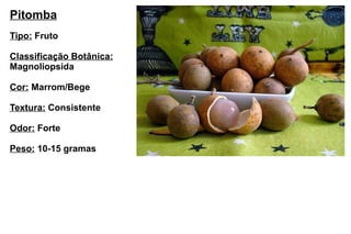 Pitomba Tipo:  Fruto Classificação Botânica:   Magnoliopsida Cor:  Marrom/Bege Textura:  Consistente Odor:  Forte Peso:  10-15 gramas 